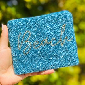 Porte-monnaie perlé Hortensia Blanc et Bleu, Pochette zippée à perles florales, Vente directe usine - Product Image 6