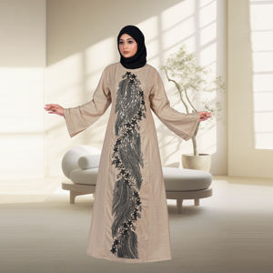 Abaya en lin avec panneau central brodé, coupe ample, manches longues, robe islamique contemporaine, tenue pour femmes du Moyen-Orient - Product Image 1