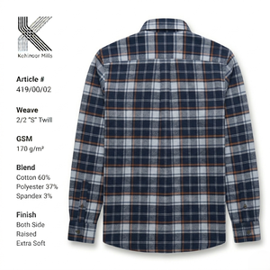 Camisa de Franela para Hombre, la Más Vendida, de Algodón, Poliéster y Spandex, 170GSM, a Cuadros, 2/2 S Twill, Manga Larga, OEM ODM - Product Image 3