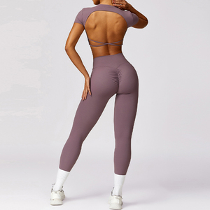 Women High Waisted Yoga Set Seamless Scrunch Butt Leggings With <b>Open</b> Back Short Sleeve Crop Top Fitness Gym Workout Sportswear - Product Image 5