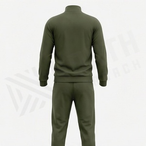 Survêtement vert olive pour homme, fermeture éclair intégrale, col montant, vêtements de sport décontractés avec poches latérales, matière respirante en polyester et coton - Product Image 2