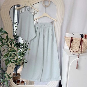 Women Solid Color Halter Top Wide Leg Pants <b>Set</b> Loose Fit Breathable Polyester Casual Spring Summer Two Piece Outfit - Product Image 4