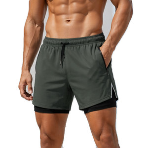 Men's 2 in 1 Running Shorts Built-in Compression <b>Layer</b> Zip Pockets Reflective Quick Dry OEM Wholesale Manufacturer - Product Image 1