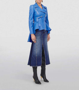 Natural Leather <b>Peplum</b> Women <b>Jacket</b> Real Sheep Blue Zipper Fashion Designer Autumn Winter Breathable Letter Logo - Product Image 2