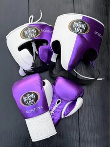 Purple, White No Boxing No Life Real Cowhide <b>Leather</b> Boxing Set Including Boxing Gloves - Headgear - Groin Guard - Product Image 1