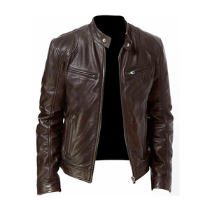 Chaqueta de Moto para Hombre, de Cuero Genuino Marrón, Ecológica, Reversible, Resistente al Viento, con Cuello Alto, Cierre de Cremallera, Corte Ajustado, para Otoño - Product Image 3