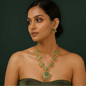 Halfmoon Green Kempu Gold-Plated Steel Designer Bridal Earring Set with Zircon - Product Image 1