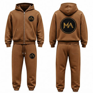 Conjunto Deportivo con Capucha para Hombre, Color Marrón, 100% Algodón, Cierre Frontal con Cremallera, Bolsillo, Apliques Bordados, 480 Gsm - Product Image 1
