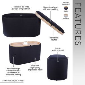 Reversible Wooden Tray Top <b>Storage</b> Ottoman Black <b>Stool</b> with Versatile Functionality - Product Image 3
