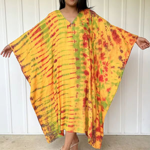 Vestido Kaftán Tie Dye Amarillo, Rojo y Verde con Botones Delanteros para Playa, Resort o Salón - Product Image 1