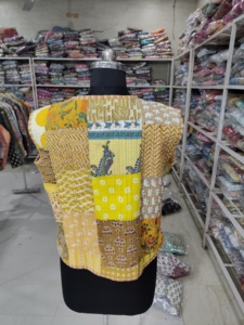 Yellow Patchwork <b>Quilted</b> Vest Women's V-Neck Sleeveless <b>Jacket</b> Hand Embroidered Cotton Summer Woven <b>Patterned</b> Top GIFT FOR HER - Product Image 6