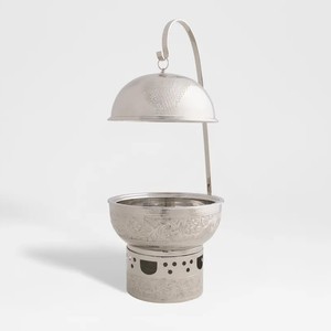 Calentador de Comida Tipo Buffet de Lujo en Plata Martillada con Tapa Colgante, Plato de Servicio de Acero Inoxidable para Catering de Hotel - Product Image 1