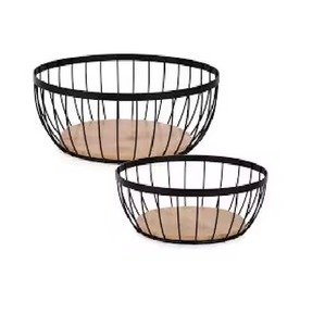 Trending Wire Fruit <b>Basket</b> Set of Black Vertical Wire Storage Bowls with <b>Wooden</b> Bases for Kitchen Counter Produce - Product Image 1