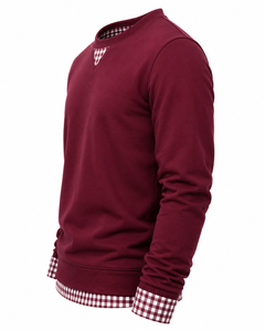 เสื้อสเวตเตอร์ผู้ชายสีเบอร์กันดี ผ้าฝ้ายฟลีซถัก 100% คอปกและปลายแขนเสื้อลายสก็อต แขนเสื้อแบบปกติ สไตล์ลำลองสำหรับฤดูใบไม้ร่วง เหมาะสำหรับใส่เป็นเลเยอร์ - Product Image 4