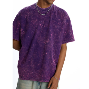 T-shirt décontracté pour homme, coupe régulière, tricoté, violet uni, délavé à l'acide, col rond, manches courtes, teint en pièce, collection 2026, vente en gros - Product Image 4