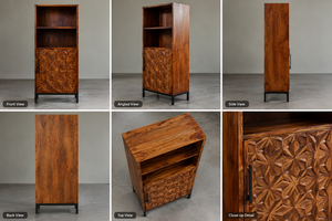 Gabinete de Madera Hecho a Mano de Estilo Moderno de Mediados de Siglo con Puerta Geométrica Tallada y Estantes Abiertos - Product Image 6