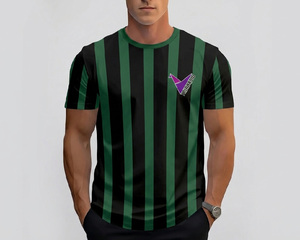 Custom <b>Men</b> Striped Soccer Jersey Black Green Short Sleeve Crew Neck Breathable 100% Polyester Quick Dry Mesh Sublimated Print - Product Image 1