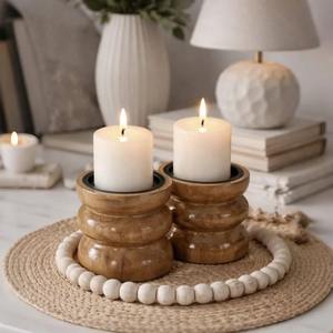 Ensemble de 2 supports à bougies en bois faits à la main – Porte-bougies décoratifs en bois de 4 pouces pour la décoration de la maison - Product Image 1