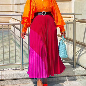 Jupe longue plissée évasée pour femme, style élégant en mousseline de soie avec blocs de couleur, ceinture taille haute, toutes saisons, grandes tailles, Afrique - Product Image 6