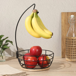 Panier à fruits en fil métallique noir avec crochet pour bananes, base en bois, bol à légumes - Product Image 1