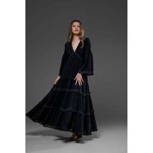 <b>Black</b> Floral Maxi Dress Women V Neck Long Sleeve Bohemian <b>Wrap</b> Dress Elegant Ruffle Hem Long Party Dress - Product Image 2