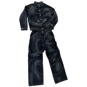 Customized Printed Solid 100% Cotton Winter Denim Jeans <b>Jacket</b> & Pants Sets for Men High Quality 2 in 1 Vintage Style - Product Image 1