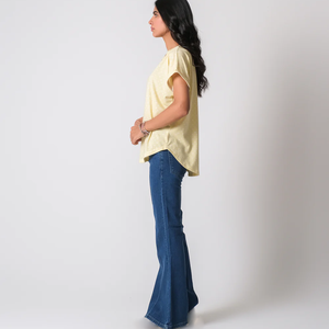 T-shirt en coton jaune à col en V et manches courtes, coupe classique, vêtements décontractés pour femmes - Product Image 2