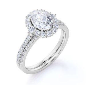 Vintage 1.55 Carat Oval Cut Moissanite Diamond Luxury Bridal Engagement Wedding <b>Ring</b> <b>Set</b> Flower Halo Design Gold Plated - Product Image 3