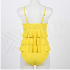Traje de baño de una pieza amarillo para mujer, cuello en V profundo, diseño escalonado con volantes, bikini elástico, ropa de playa - Product Image 2