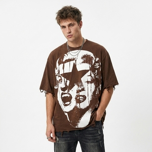 T-shirt imprimé oversize en coton premium à col rond, manches courtes, tricoté, style streetwear vintage, épaules tombantes, coupe ample - Product Image 6