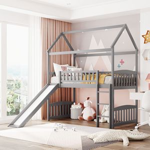 Letto a soppalco singolo bianco con scivolo, letto a casetta per bambini con scivoli (Vecchio SKU LT000212AAE) - Product Image 1