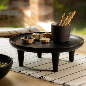 Custom <b>Black</b> Mango Wood Platter Handmade Luxury Design Round with Stand Tapered Serving Surface Midnight Edition Party Use - Product Image 5