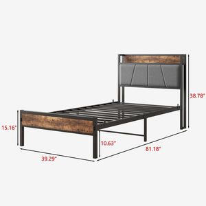 Letto singolo in metallo con testiera contenitore e stazione di ricarica, solido e stabile, silenzioso, non richiede rete a molle, facile da montare - Product Image 4