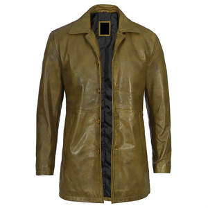 Manteau trench en cuir véritable pour homme, grande taille, col rabattu, simple boutonnage, manches longues, couleur unie - Product Image 1