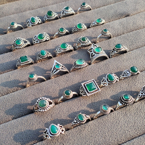 Classic Ethnic Green Onyx <b>Rings</b> Set Silver Plated Brass Bezel Setting Adjustable Gemstone Bulk Lot Bohemian Style Unisex May - Product Image 5