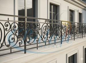 Barandilla de Balcón de Hierro Fundido y Aluminio, Acabado Gris Altamente Pulido, Super Pulido con Chorro de Arena, Motivos Modernos, Rosetas, Curvas Simétricas - Product Image 5