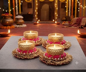 Porte-bougies décoratifs faits à la main en or rose pour bougies chauffe-plat, pour Noël, Diwali, Rangoli, mariages, décoration de table, centre de table - Product Image 3