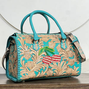 Sacs de voyage et de week-end Speedy en cuir véritable turquoise, faits main, à carreaux, en cerisier, avec motifs de designer, grande capacité - Product Image 3