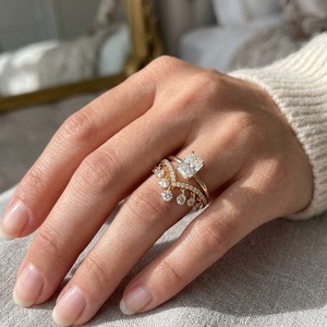 Custom Jewelry 14K Solid <b>Gold</b> Radiant-Cut Lab Grown Diamond Engagement <b>Ring</b> <b>Set</b> with Dangle Droplet Chevron Fringe Stacking <b>Ring</b> - Product Image 1