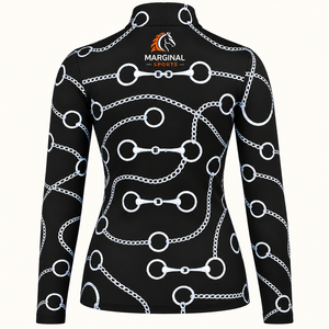 Camiseta de equitación de manga larga con cremallera de un cuarto para mujer, capa base, tela técnica elástica que absorbe la humedad, personalizada para montar a caballo - Product Image 1