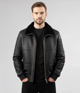 <b>Mens</b> Black Genuine <b>Shearling</b> Leather Bomber <b>Jacket</b> Pilot Aviator Style Winter Coat - Product Image 1