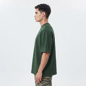 T-shirt en jersey de coton vert uni surdimensionné pour homme, décontracté, col rond, manches courtes, basique - Product Image 3
