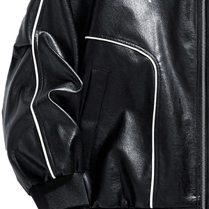 <b>Men's</b> Black PU Bomber <b>Jacket</b> Moto <b>Biker</b> Style Turn-Down Collar Zipper Closure Solid Color Regular Fit Leather <b>Jacket</b> - Product Image 4