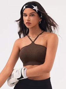 Female Seamless Cross <b>Neck</b> Yoga Bra Ribbed Knit Stretch Athletic Top <b>Padded</b> Low Impact Activewear Tank Top Fitness Wear - Product Image 2