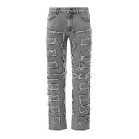 Jean droit unisexe en patchwork vieilli, style streetwear, coupe décontractée, 100 % coton, poids moyen, respirant