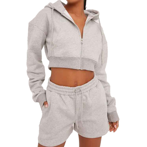 <b>Women</b> Gray 2-Piece Hooded Crop <b>Top</b> <b>Shorts</b> <b>Set</b> Casual Sportswear Full Sleeve Solid Color Knitted Breathable Waterproof Quick Dry - Product Image 6