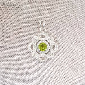 Colgante Floral de Plata de Ley 925 con Diamantes para Niños, Gema de Peridoto de Corte Brillante de 6 mm, Chapado en Oro de 14K, Ideal para Bodas, Superventas - Product Image 3
