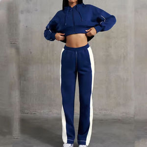 Women's Navy Blue <b>Cropped</b> Zip Up Hoodie White Contrast <b>Stripe</b> Jogger Pants 2 Piece Athletic Tracksuit Set Custom Sportswear - Product Image 5