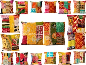 Handmade Patchwork Cotton Cushion Cover Kantha Stitch Multicolor Decorative Pillow Case Home Decor - Product Image 4