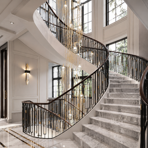 Rampe d'escalier incurvée noire et or de luxe avec balustres géométriques, main courante intérieure moderne pour la conception d'escaliers de villa - Product Image 2
